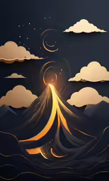 an abstract painting of clouds and stars over mountains