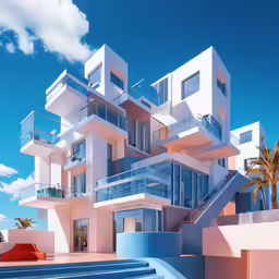 the architecture of this modern building is all white and blue