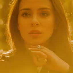 a young woman poses in a portrait, in front of bright lights