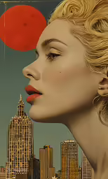 woman with large earrings looking into the distance with city skyline in background