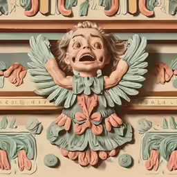 a decorative head hanging from the side of a wooden wall