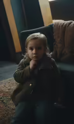 a small child sits on the back of a chair in a living room