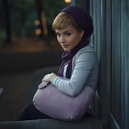a beautiful woman sitting on a bench with a big bag