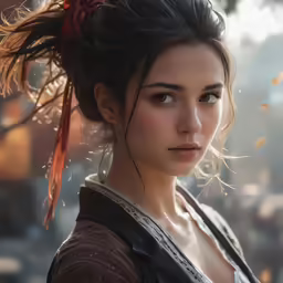 a girl wearing red with her hair in a bun