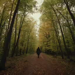 the person is walking down a forest path