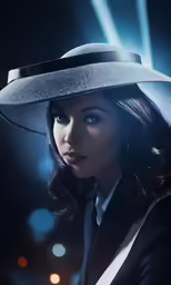 a close up of a woman with a hat on