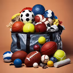 a bag filled with sports balls and sports equipment,a basket full of different colored balls