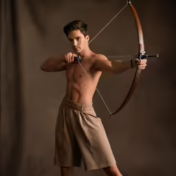 a shirtless man poses with his bow and arrow