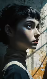 a woman looks out of a window to the side