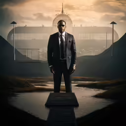 a business man in suit and tie standing at the end of a bridge