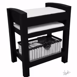 a white ottoman and black shelf for a seat