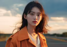 a woman standing in front of the camera wearing an orange jacket,an asian woman standing in the street next to a road