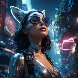 a woman wearing cat suit and glasses looking over her shoulder