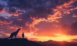 two people standing next to a giraffe on a hill