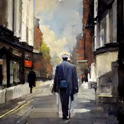 the older man is walking down the street with a bag on his shoulder,man walking down the street of an old city