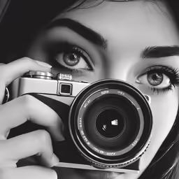 a woman with brown eyes holding up a camera