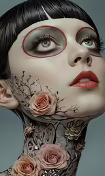 a woman with flowers on her face is wearing a full body piece