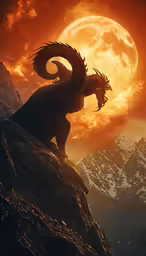 a dragon sits atop a rock in front of a huge full moon