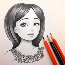 a drawing of a girl with long hair and two orange pencils