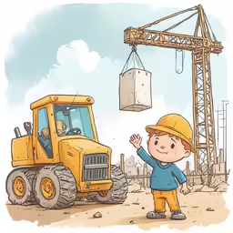a drawing of a boy in front of a construction site
