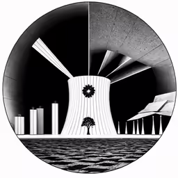 black and white circular drawing of an urban landscape