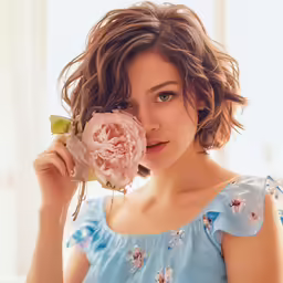 a woman holding a flower up to her face