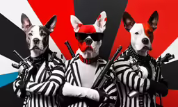 three dogs in matching clothing holding guns wearing sunglasses