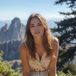 a close up of a woman sitting in front of trees