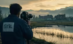 a person with a camera taking pictures at sunset