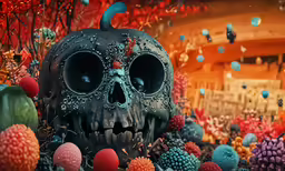 the halloween pumpkin and skull are among many colorful balls