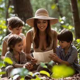 an adult woman with two children looking at a piece of paper