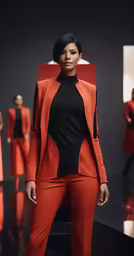 a woman stands in an orange, black and gray outfit