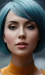an attractive woman with blue hair, blonde and green makeup