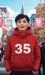 the lady with black hair and the number 35 on a red hoodie is standing in a street