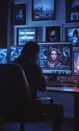 the man is watching the movie from the computer