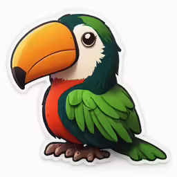 a colorful, large bird that is sitting on top of a white surface