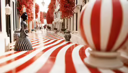 a woman stands outside on the edge of a striped walkway