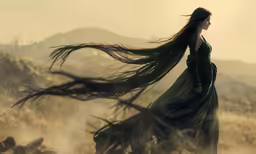 a woman in a long dress is walking in the dust