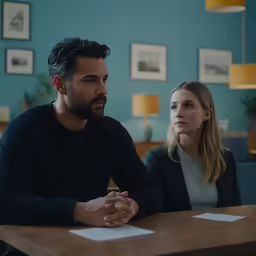 a man and woman sitting in a booth at a table