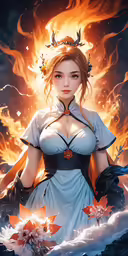 a woman in a dress and feathers is surrounded by fire