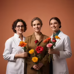 a couple of women standing next to each other holding flowers