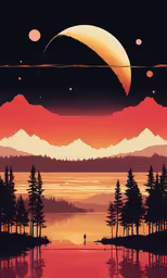 a poster depicting the sun setting in the sky,a sunset with the sun setting on the horizon