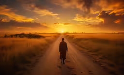 a person walks down the road as the sun rises in the distance