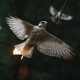 two birds on a rod with one flying away from the ground and the other in mid air with its wings extended
