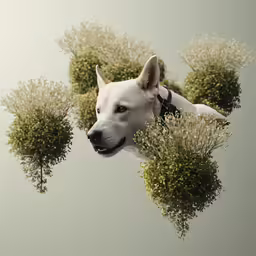 a dog is shown in front of some bushes