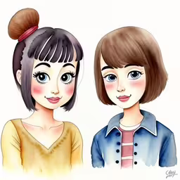 a girl and a boy, each in different sections of their hair,two women are wearing different hair styles,an illustration of two girls with their hair in a bun and hairpiece,two girls with buns are standing next to each other,two girls with messy hair one has a bun on her head the other has a flower on her head