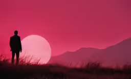 a man stands alone in the distance with a pink sunset in the background