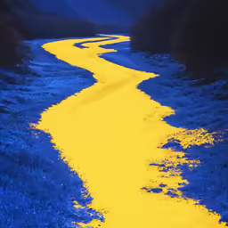 there is yellow painted street that has been painted blue