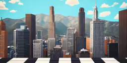 a cityscape with buildings and mountains in the background