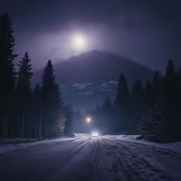 a long, snowy road that is in front of mountains is lit up with streetlights and full moon